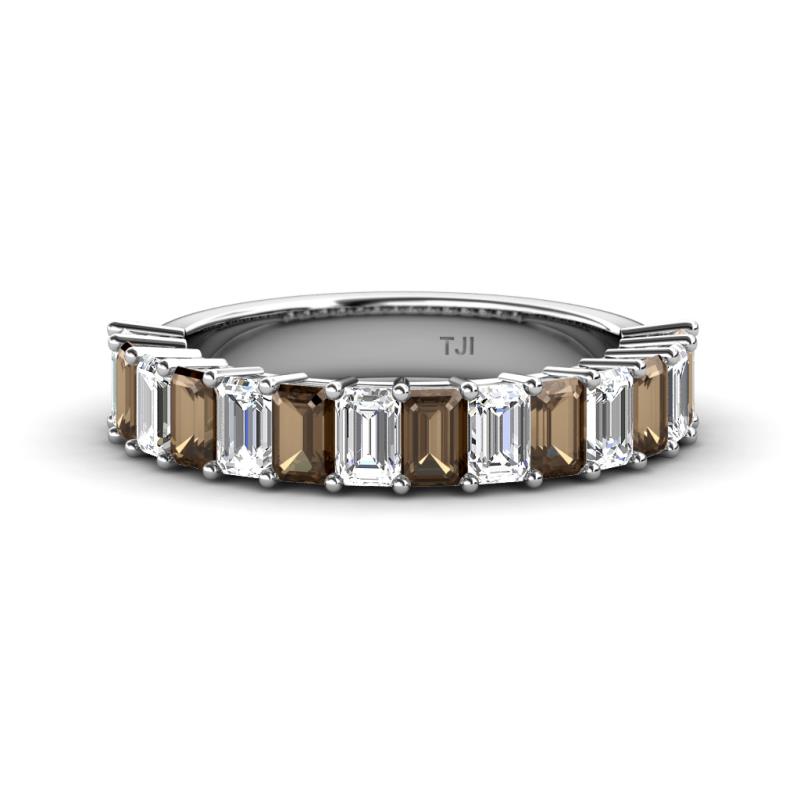 Alaya Emerald Cut Smoky Quartz and Diamond 14 Stone Wedding Band 