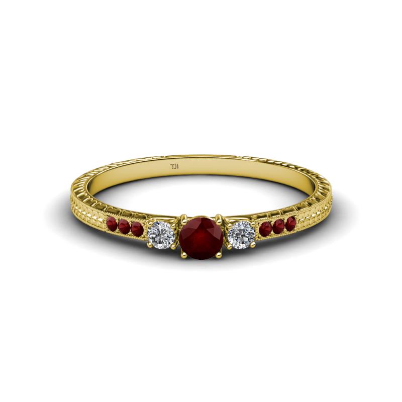 Tresu Red Garnet and Diamond Three Stone Engagement Ring 