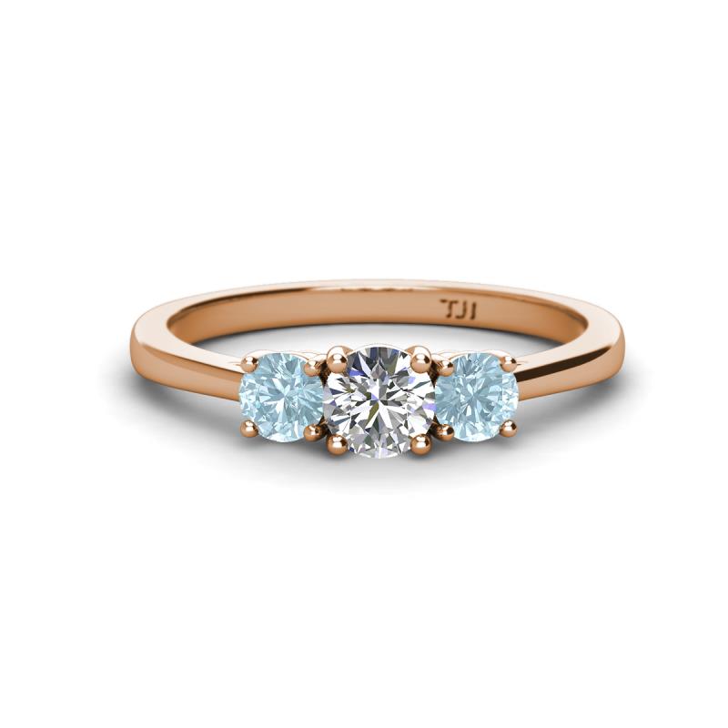 Quyen 0.90 ctw (5.00 mm) Round Natural Diamond and Aquamarine Three Stone Engagement Ring  