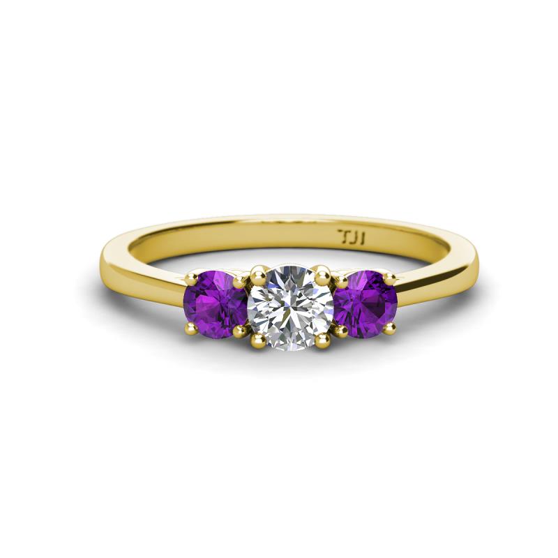 Quyen 0.90 ctw (5.00 mm) Round Natural Diamond and Amethyst Three Stone Engagement Ring  