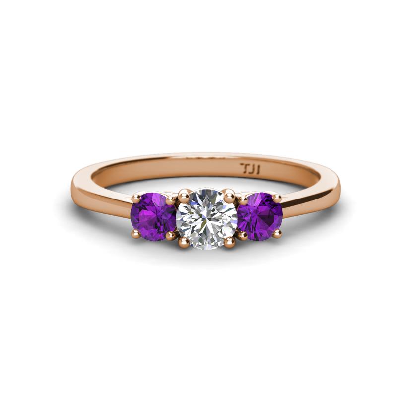Quyen 0.90 ctw (5.00 mm) Round Natural Diamond and Amethyst Three Stone Engagement Ring  