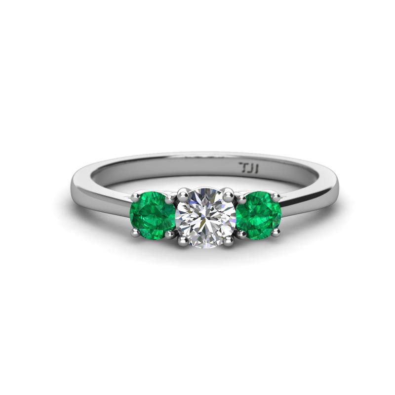 Quyen 1.00 ctw (5.00 mm) Round Natural Diamond and Emerald Three Stone Engagement Ring  