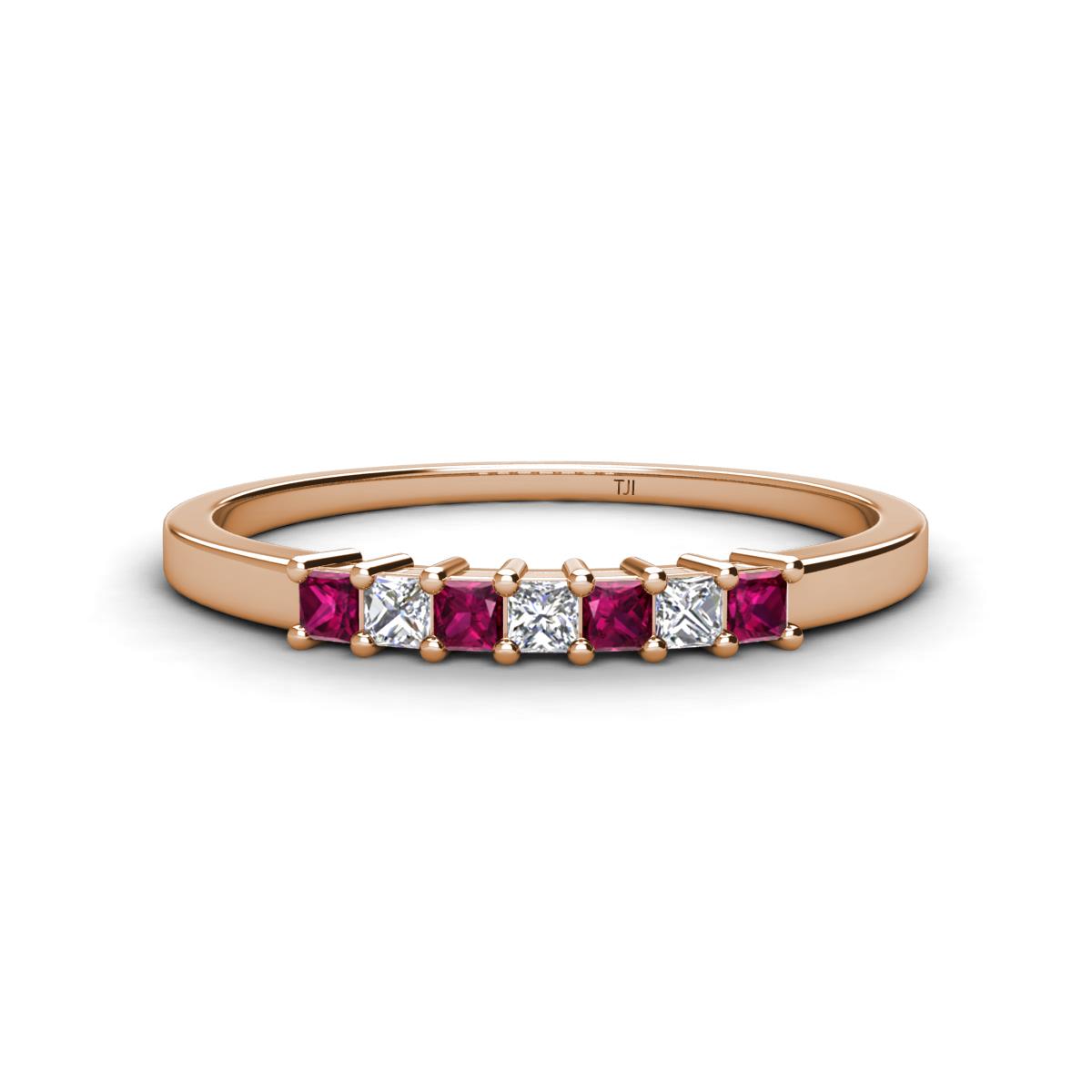 Erica 2.00 mm Princess Cut Rhodolite Garnet and Diamond 7 Stone Wedding Band 