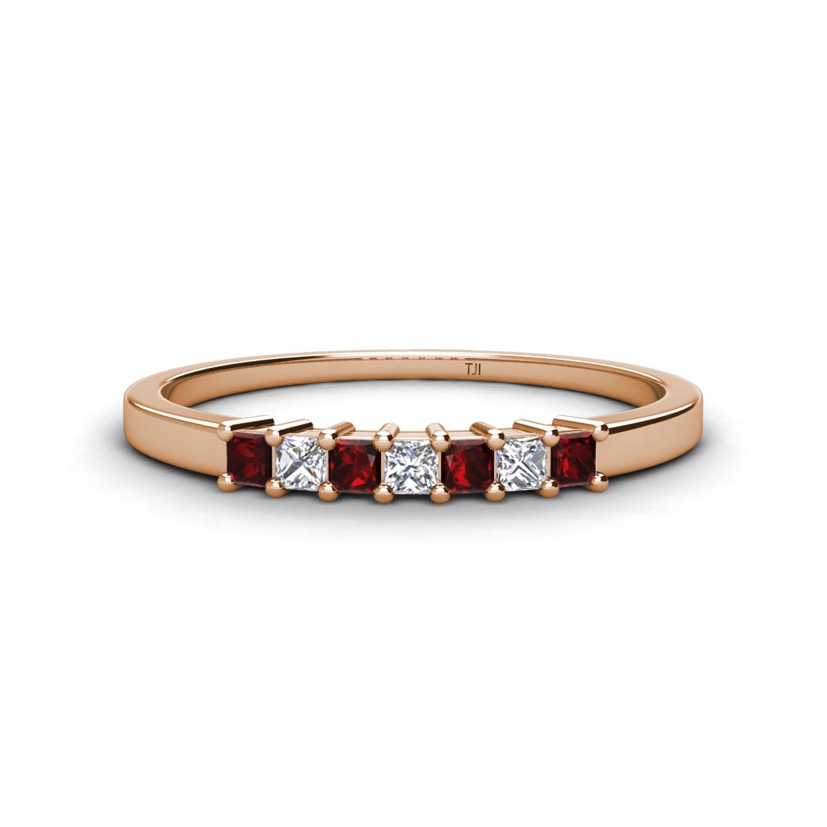 Erica 2.00 mm Princess Cut Red Garnet and Diamond 7 Stone Wedding Band 