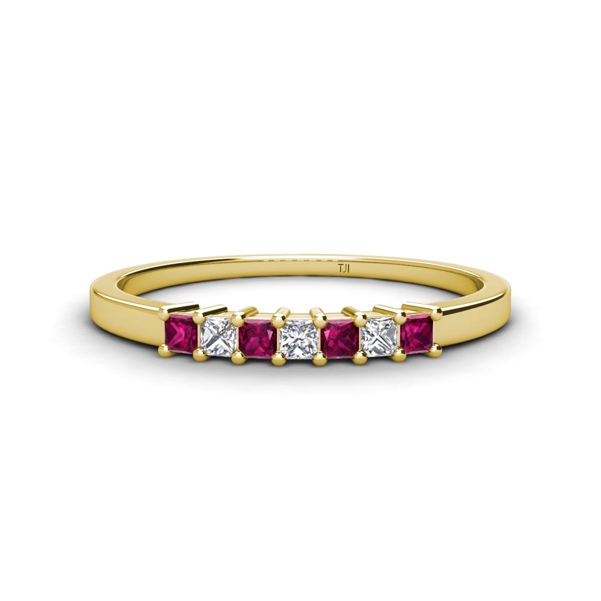 Erica 2.00 mm Princess Cut Rhodolite Garnet and Diamond 7 Stone Wedding Band 