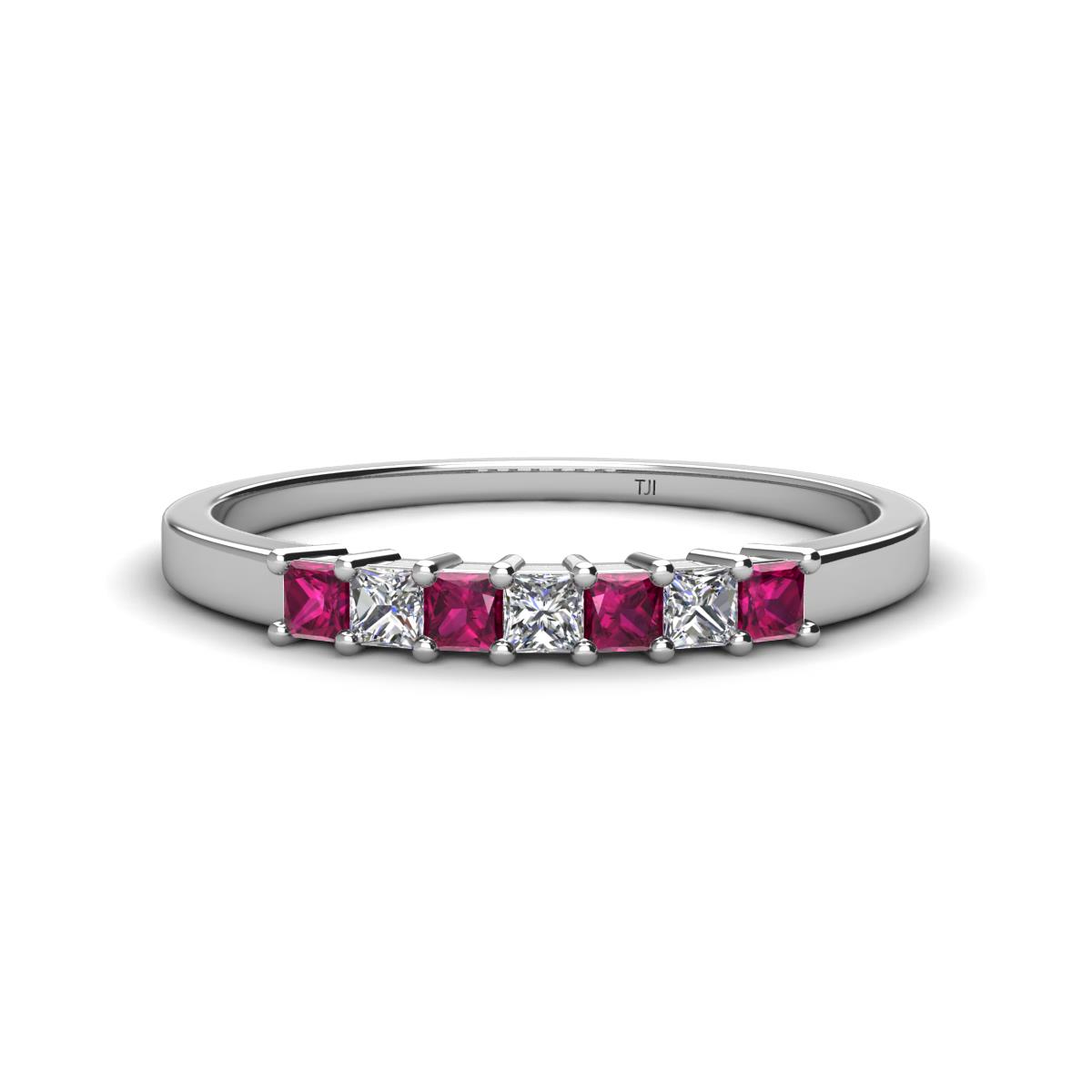 Erica 2.50 mm Princess Cut Rhodolite Garnet and Diamond 7 Stone Wedding Band 