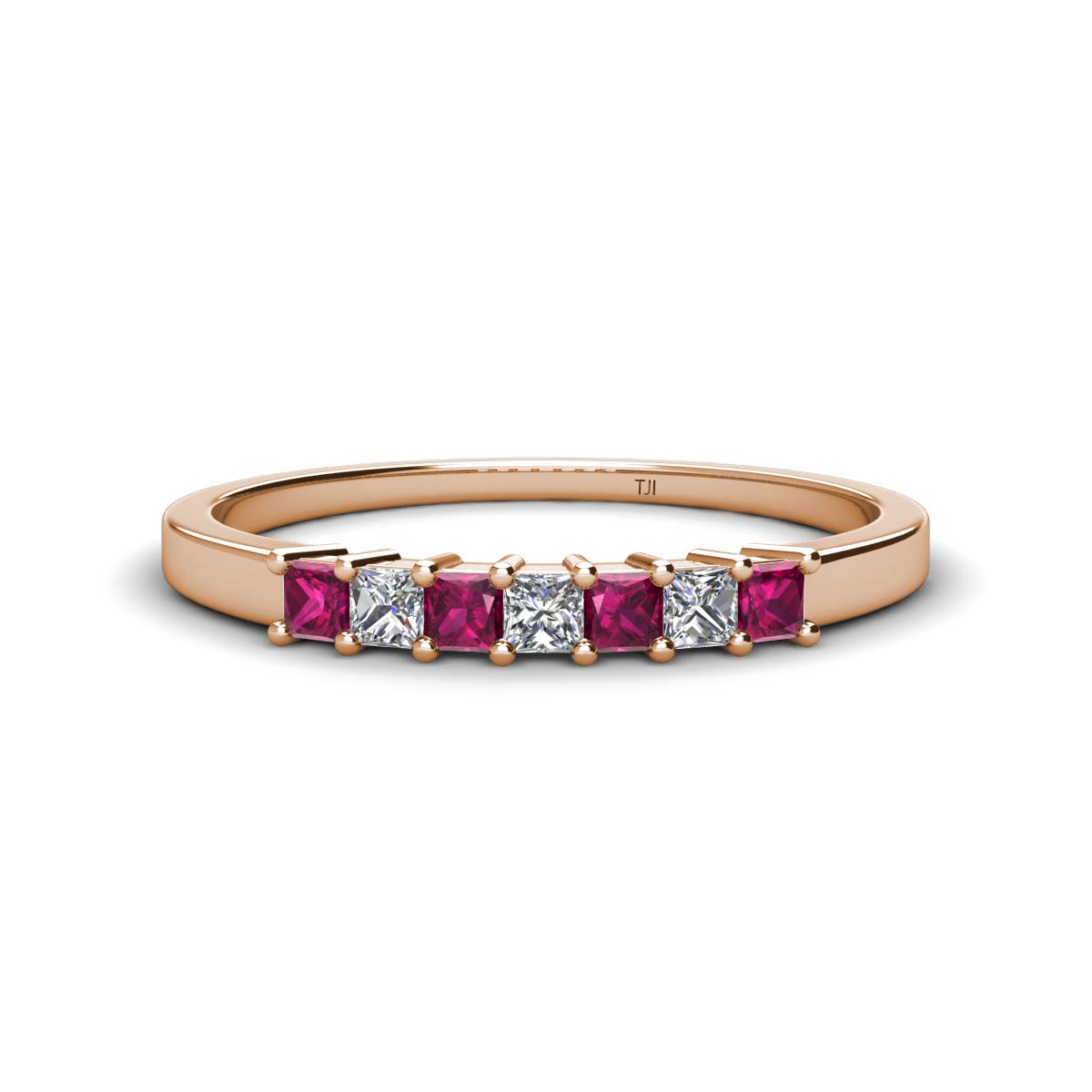 Erica 2.50 mm Princess Cut Rhodolite Garnet and Diamond 7 Stone Wedding Band 