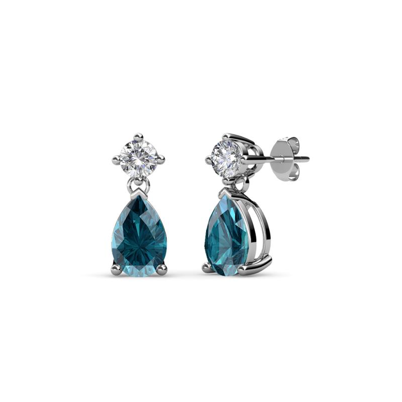 Arina Pear Shape 7x5 mm London Blue Topaz and Diamond Dangle Stud Earrings 