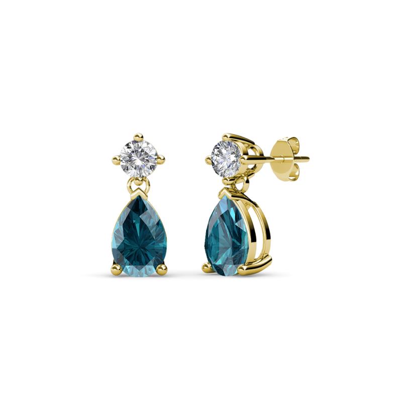 Arina Pear Shape 7x5 mm London Blue Topaz and Diamond Dangle Stud Earrings 