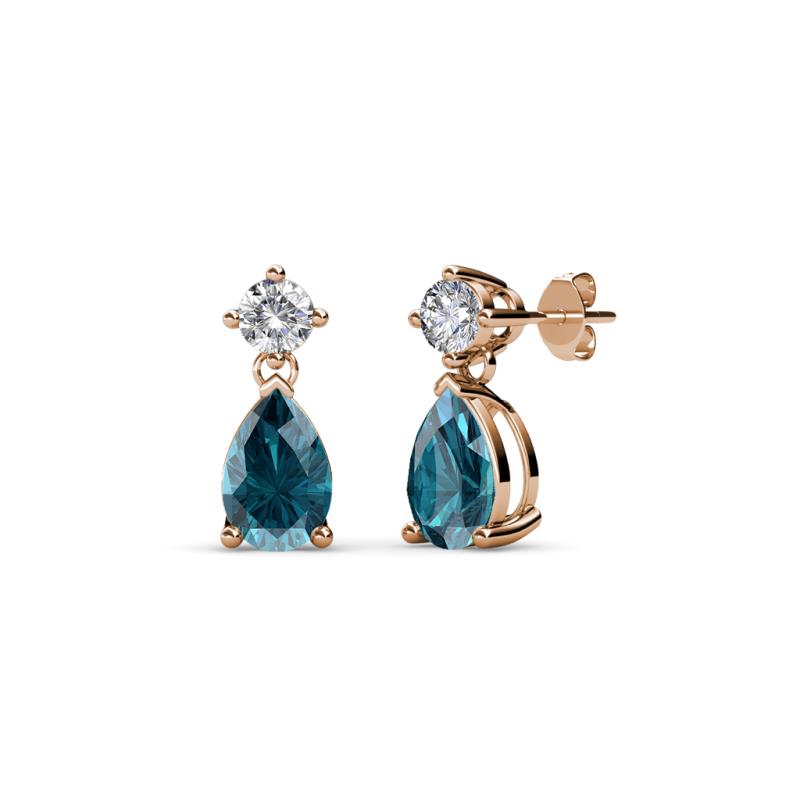 Arina Pear Shape 7x5 mm London Blue Topaz and Diamond Dangle Stud Earrings 