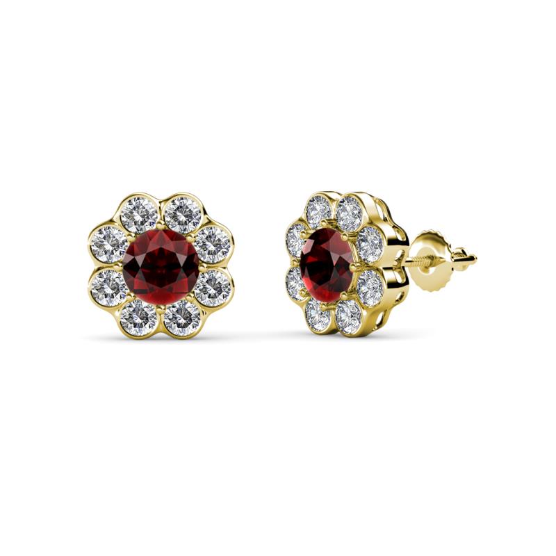 Fleur Red Garnet and Diamond Floral Halo Stud Earrings 