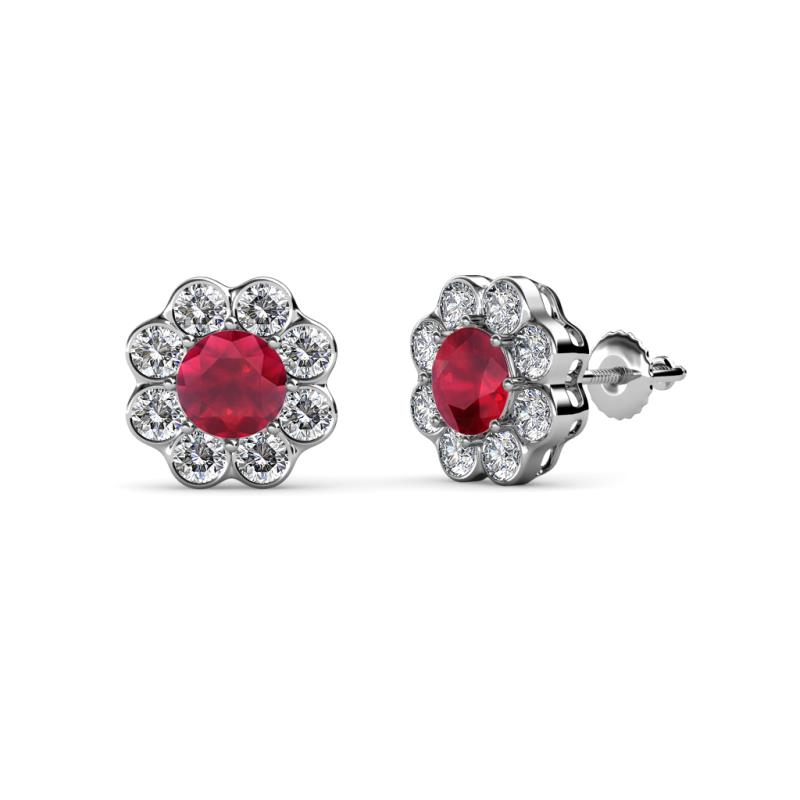 Fleur Ruby and Diamond Floral Halo Stud Earrings 
