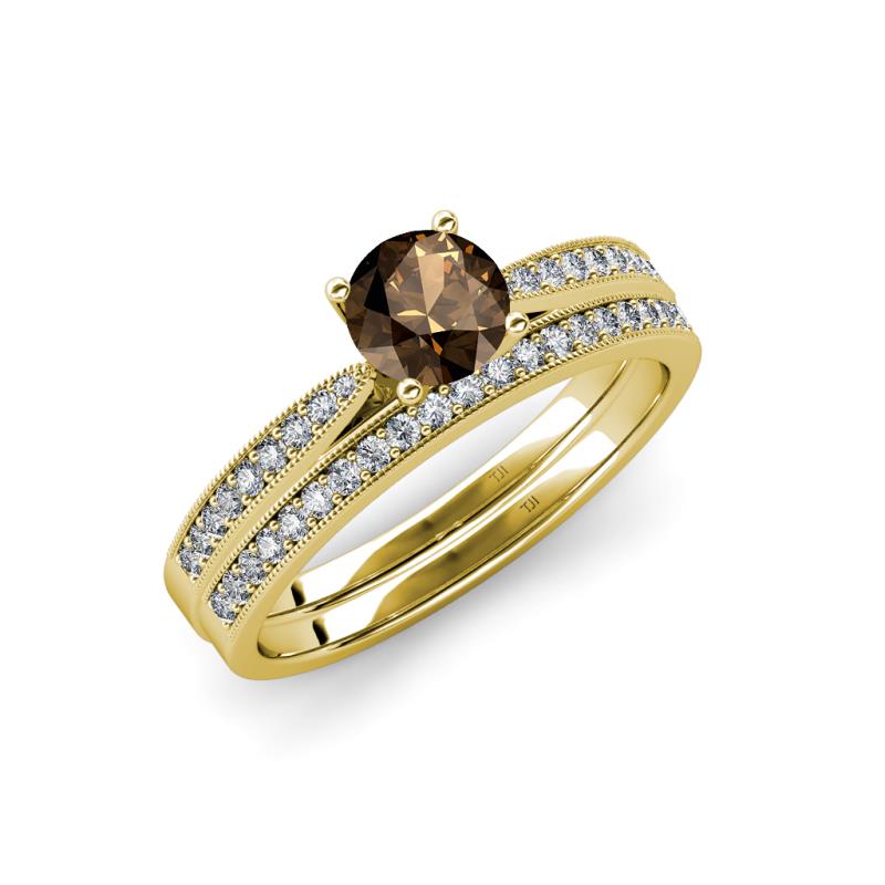 Sian 1.41 ctw Smoky Quartz (6.50 mm) Accented Natural Diamonds Bridal Set Ring  