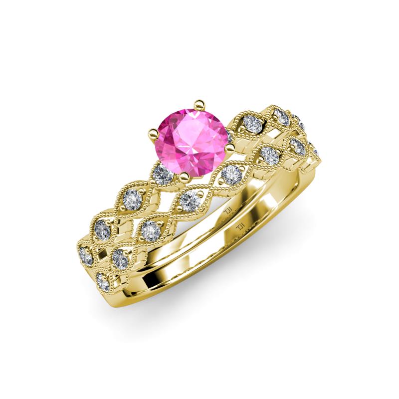 Laine 1.11 ctw Classic Pink Sapphire (6.00 mm) Accented Round Natural Diamonds Marquise Shape Bridal Set Ring  