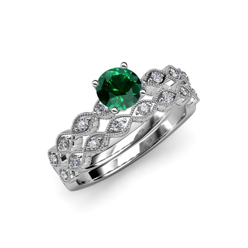 Laine 0.96 ctw Classic Emerald (6.00 mm) Accented Round Natural Diamonds Marquise Shape Bridal Set Ring  