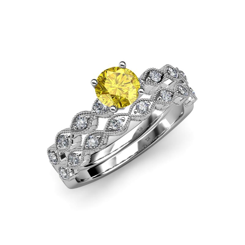 Laine 1.11 ctw Classic Yellow Sapphire (6.00 mm) Accented Round Natural Diamonds Marquise Shape Bridal Set Ring  
