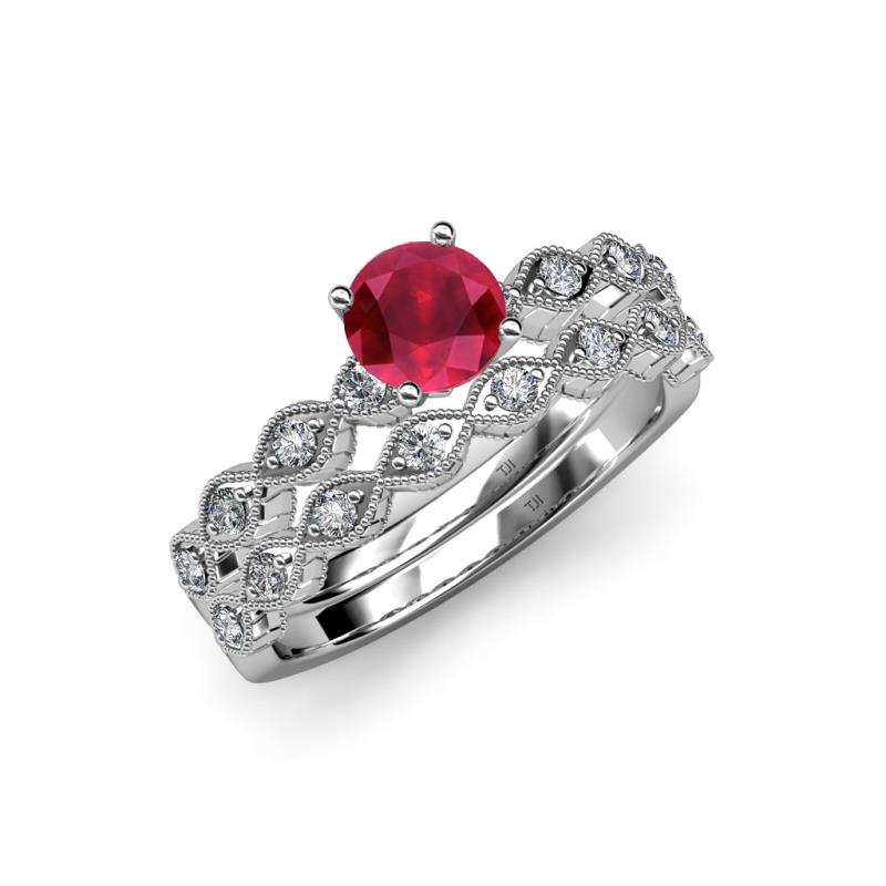 Laine 1.11 ctw Classic Ruby (6.00 mm) Accented Round Natural Diamonds Marquise Shape Bridal Set Ring  