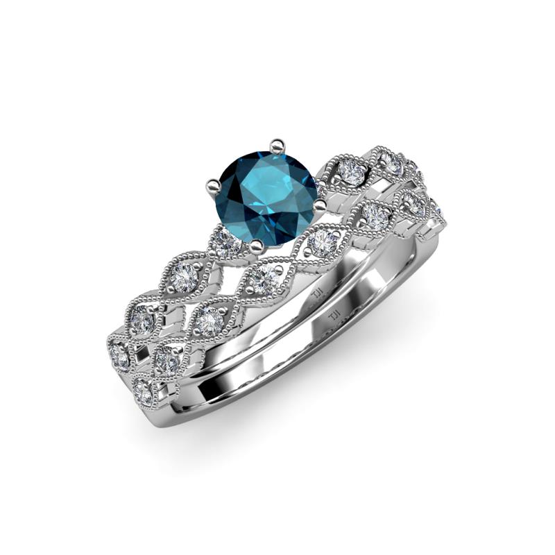 Laine 1.16 ctw Classic Blue Diamond (6.50 mm) Accented Round Natural Diamonds Marquise Shape Bridal Set Ring  