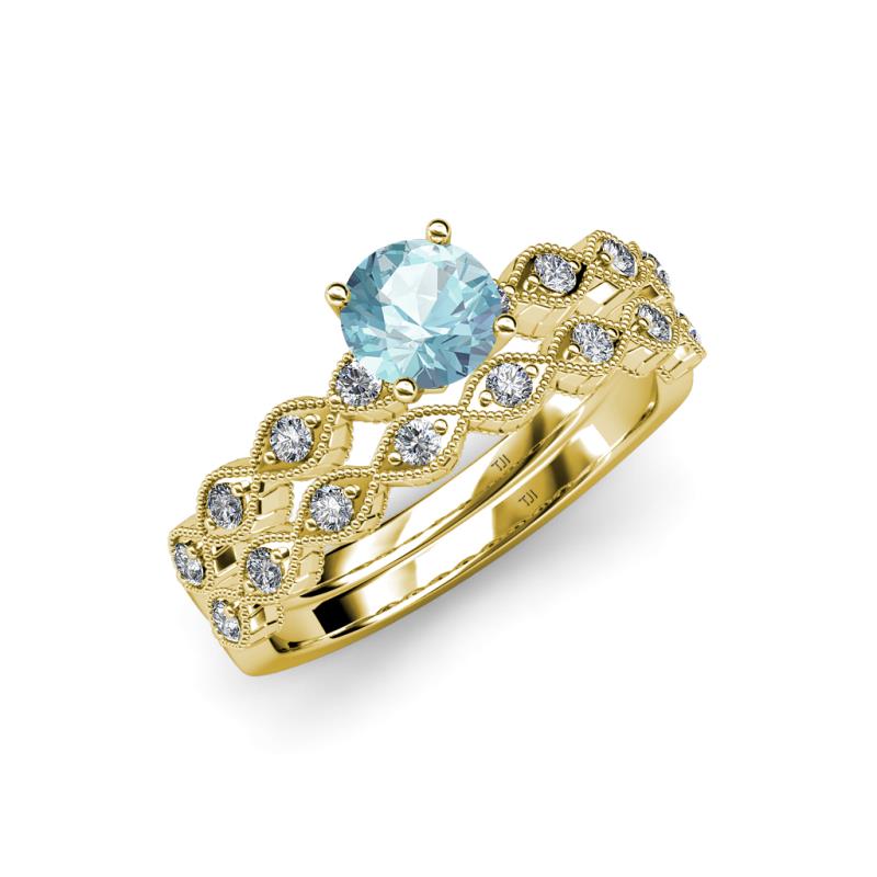 Laine 1.03 ctw Classic Aquamarine (6.50 mm) Accented Round Natural Diamonds Marquise Shape Bridal Set Ring  