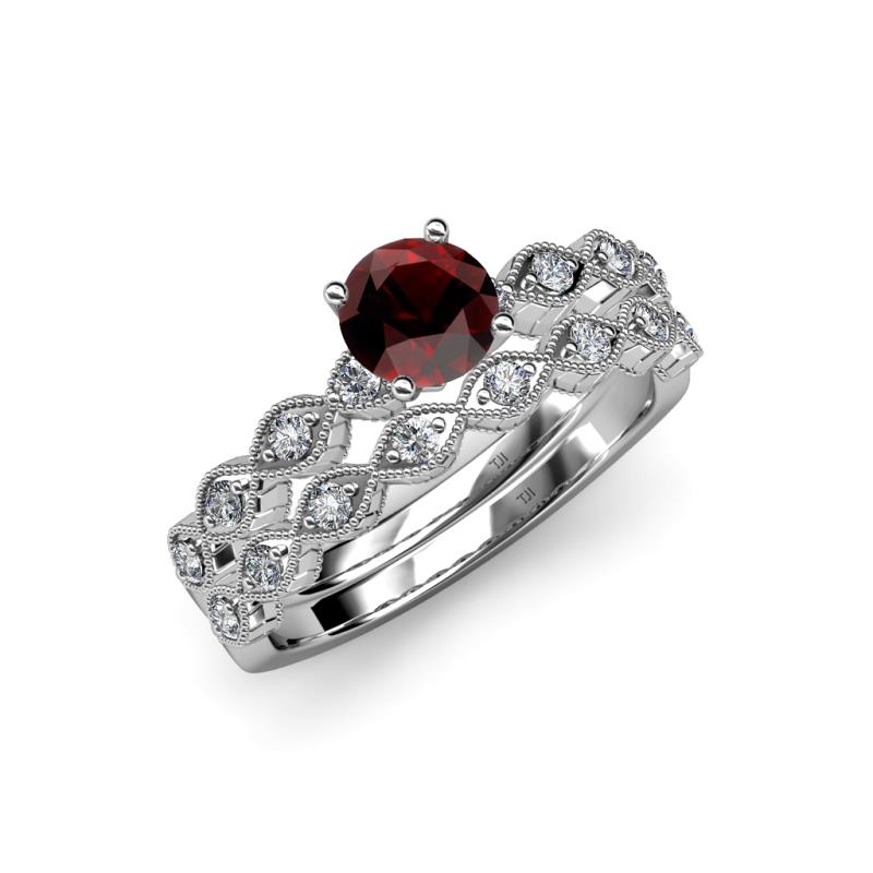 Laine 1.21 ctw Classic Red Garnet (6.50 mm) Accented Round Natural Diamonds Marquise Shape Bridal Set Ring  
