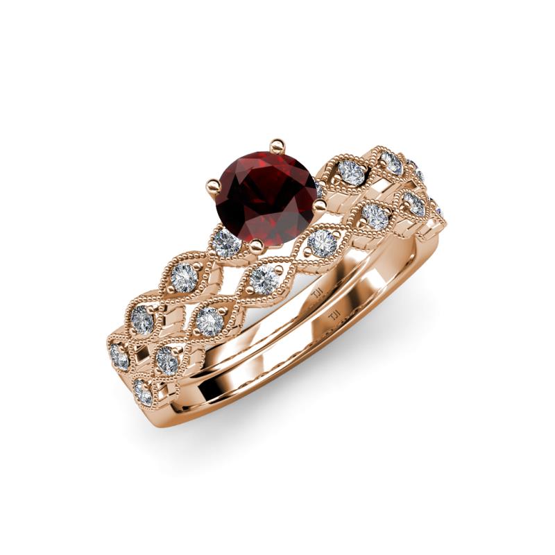 Laine 1.21 ctw Classic Red Garnet (6.50 mm) Accented Round Natural Diamonds Marquise Shape Bridal Set Ring  