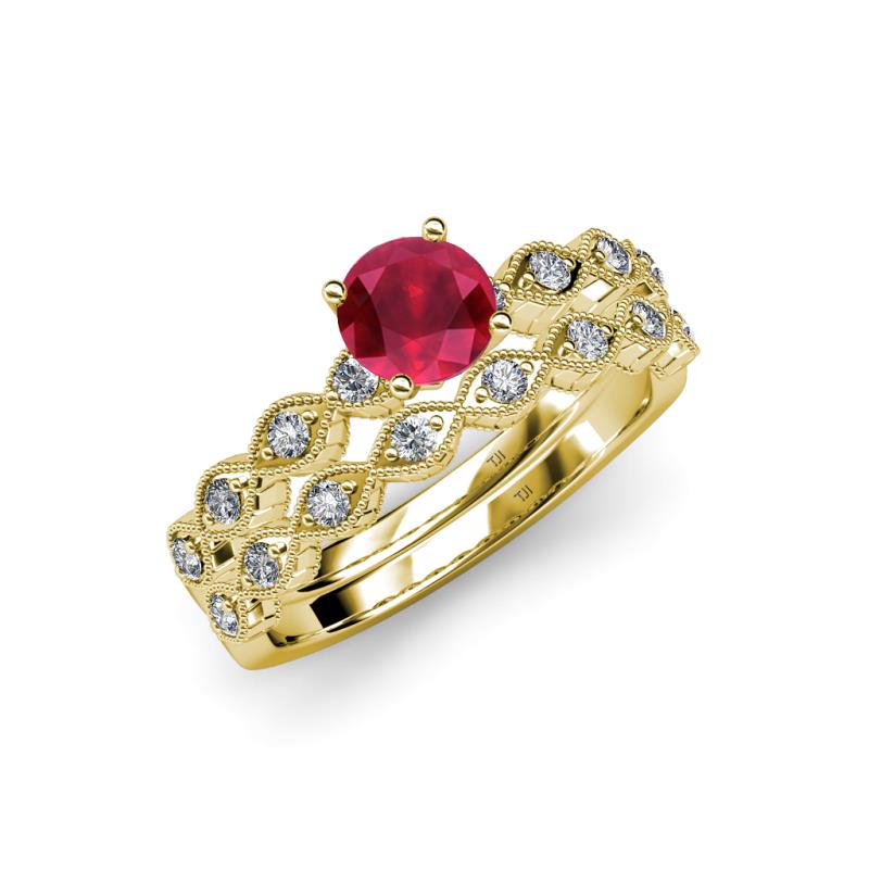 Laine 1.11 ctw Classic Ruby (6.00 mm) Accented Round Natural Diamonds Marquise Shape Bridal Set Ring  