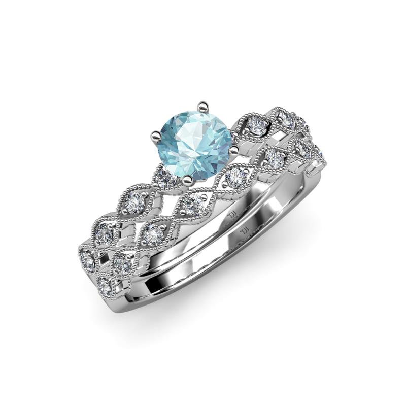Laine 1.03 ctw Classic Aquamarine (6.50 mm) Accented Round Natural Diamonds Marquise Shape Bridal Set Ring  