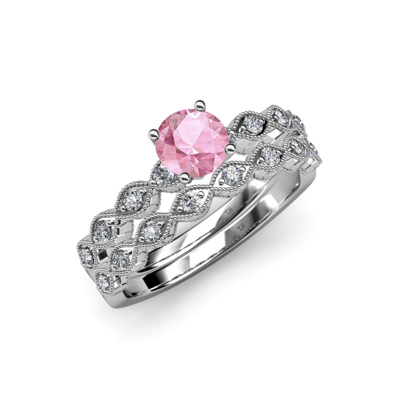 Laine 1.03 ctw Classic Pink Tourmaline (6.50 mm) Accented Round Natural Diamonds Marquise Shape Bridal Set Ring  