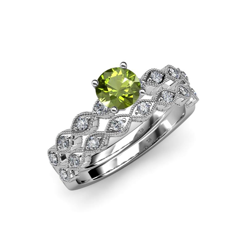 Laine 1.26 ctw Classic Peridot (6.50 mm) Accented Round Natural Diamonds Marquise Shape Bridal Set Ring  