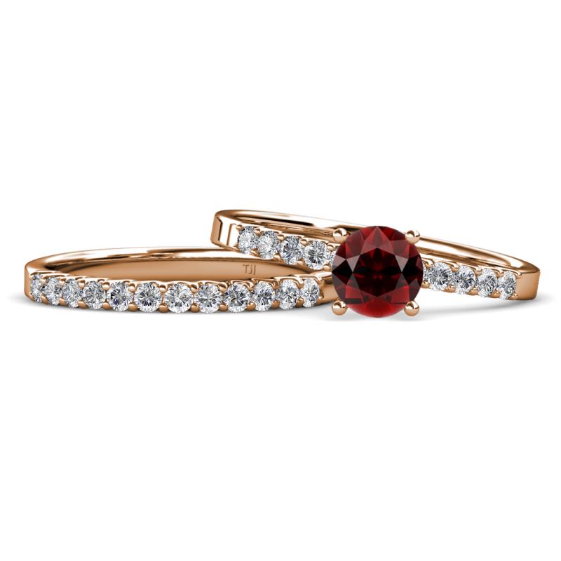 Sezen Red Garnet and Diamond Bridal Set Ring 