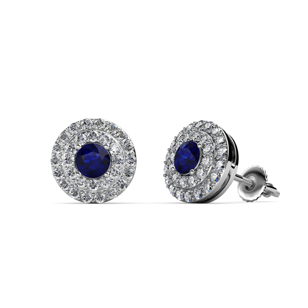 Eryn 0.82 ctw Blue Sapphire and Natural Diamond Double Halo Stud Earrings 
