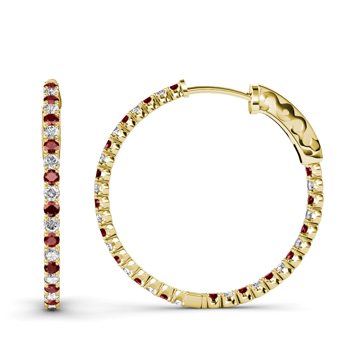 Melissa 3.38 ctw Inside Outside Round Red Garnet and Lab Grown Diamond Eternity Hoop Earrings 