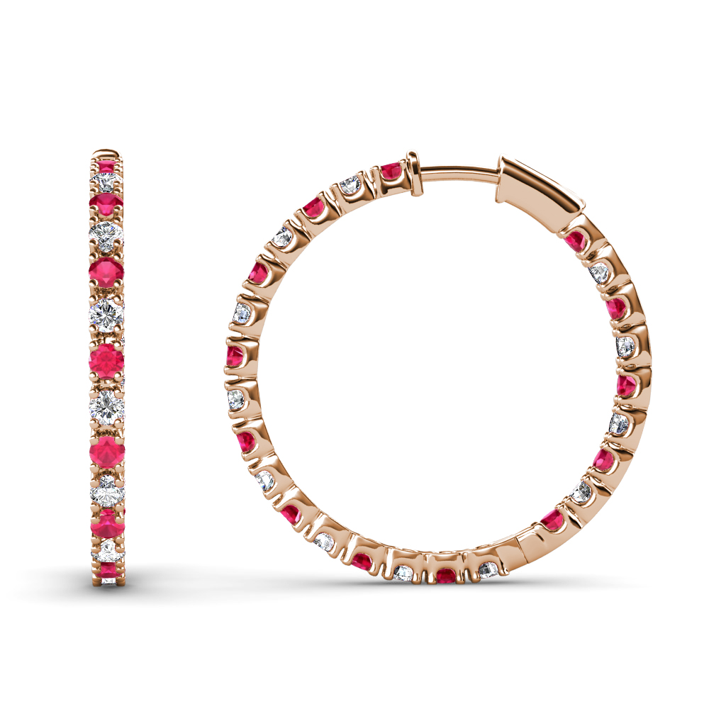 Melissa 0.77 ctw Inside Outside Round Ruby and Lab Grown Diamond Eternity Hoop Earrings 