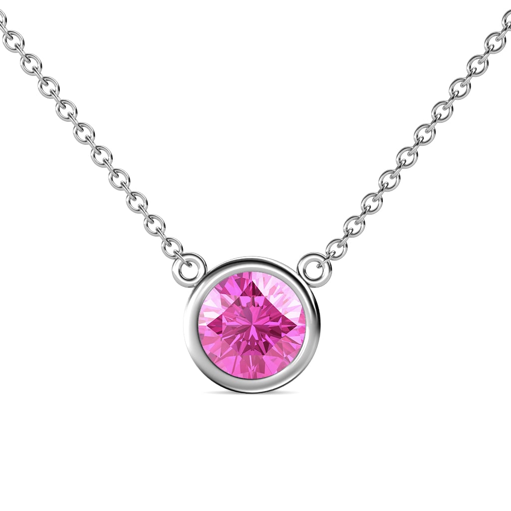 Merilyn 8.00 mm Round Created Pink Sapphire Bezel Set Solitaire Pendant 
