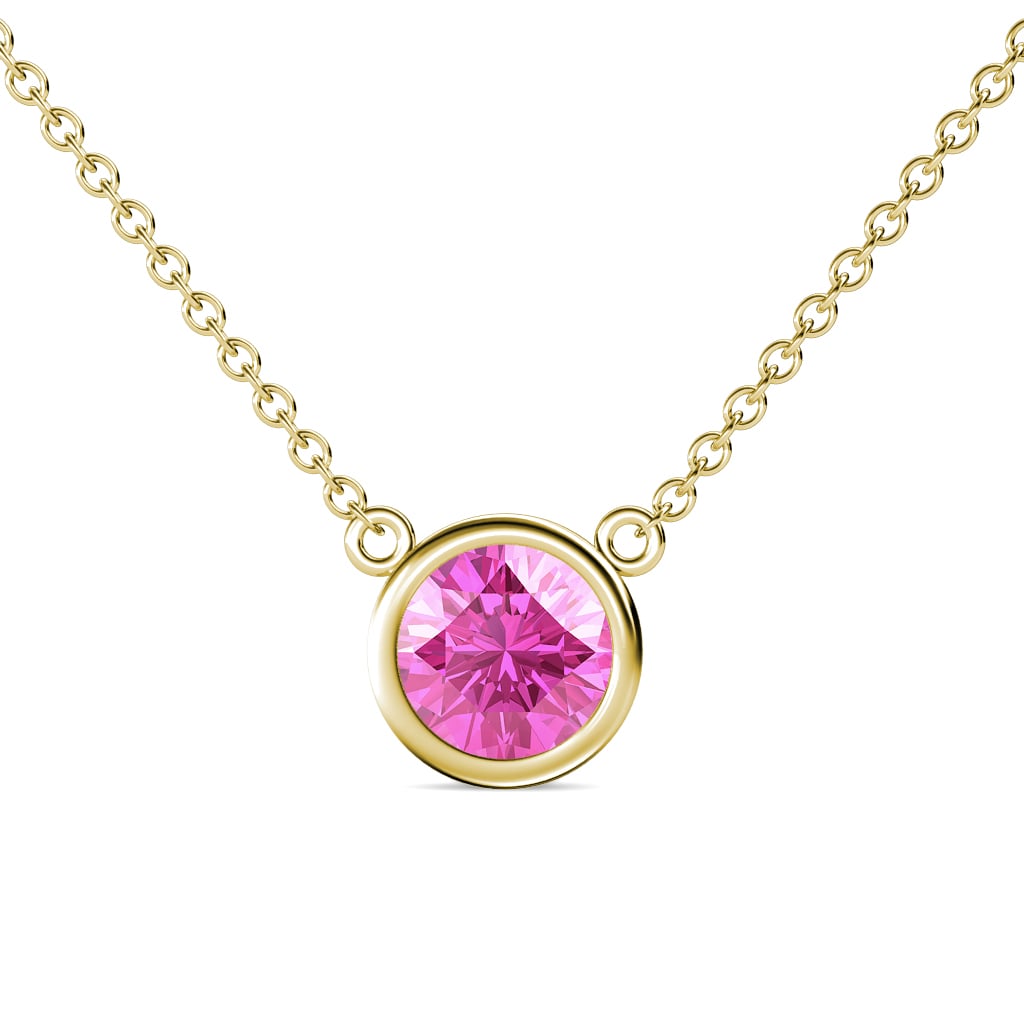 Merilyn 8.00 mm Round Created Pink Sapphire Bezel Set Solitaire Pendant 
