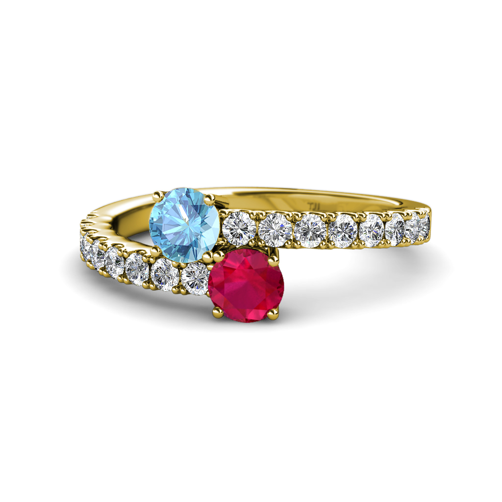 Delise 5.00mm Round Blue Topaz and Ruby with Side Diamonds Bypass Ring 