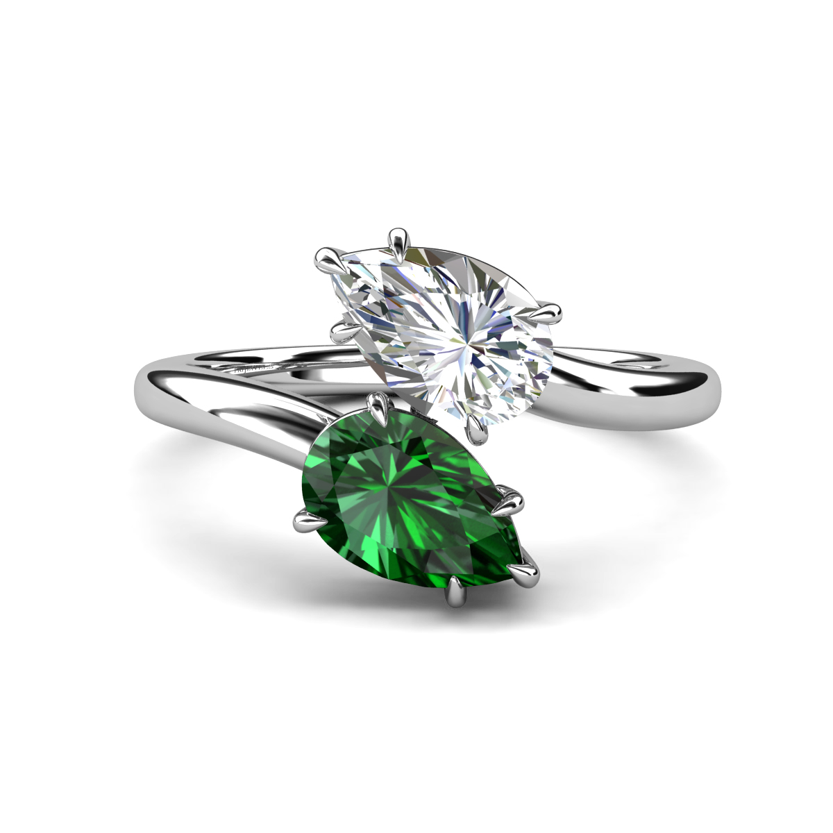 Amoura 3.10 ctw IGI Certified Pear Shape Lab Grown Diamond & Pear Shape Created Emerald Women Toi Et Moi Engagement Ring 