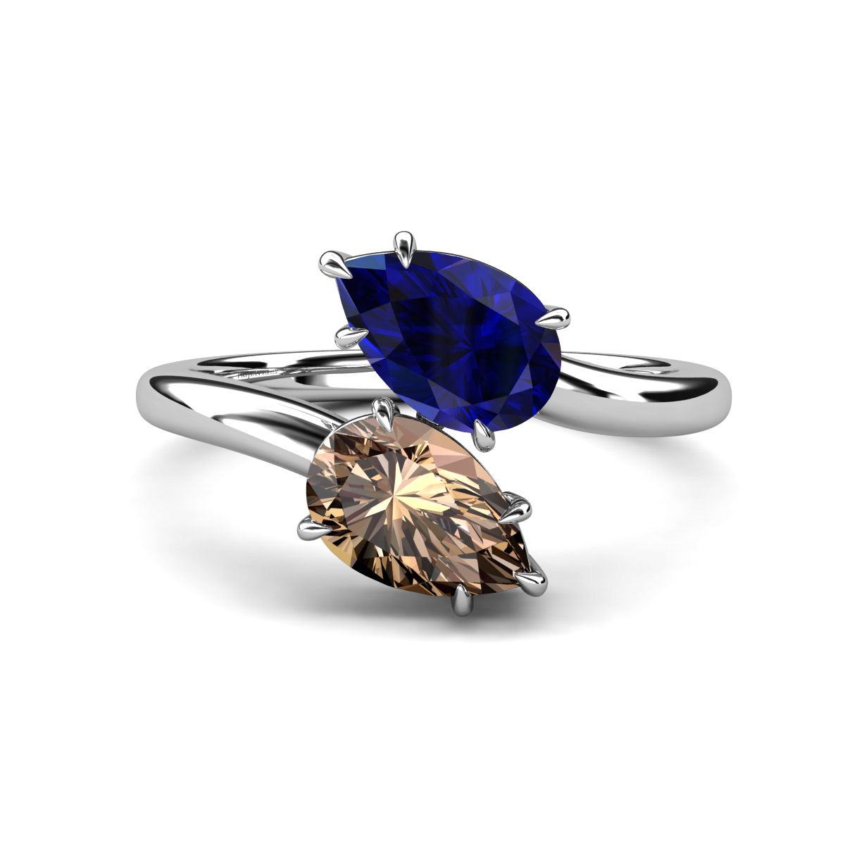 Amoura 2.22 ctw Pear Shape Created Blue Sapphire & Pear Shape Smoky Quartz Women Toi Et Moi Engagement Ring 