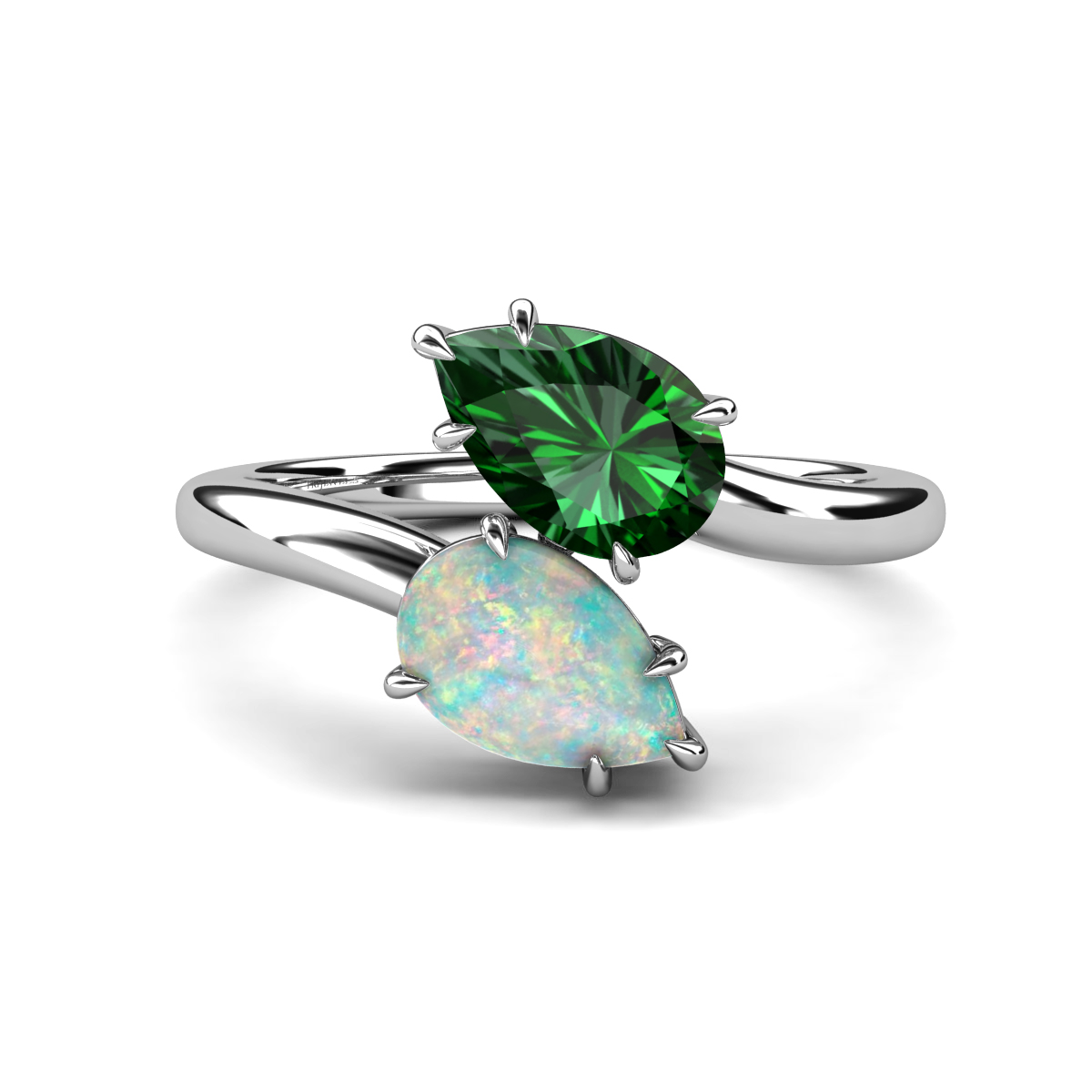 Amoura 1.45 ctw Pear Shape Created Emerald & Pear Shape Opal Women Toi Et Moi Engagement Ring 