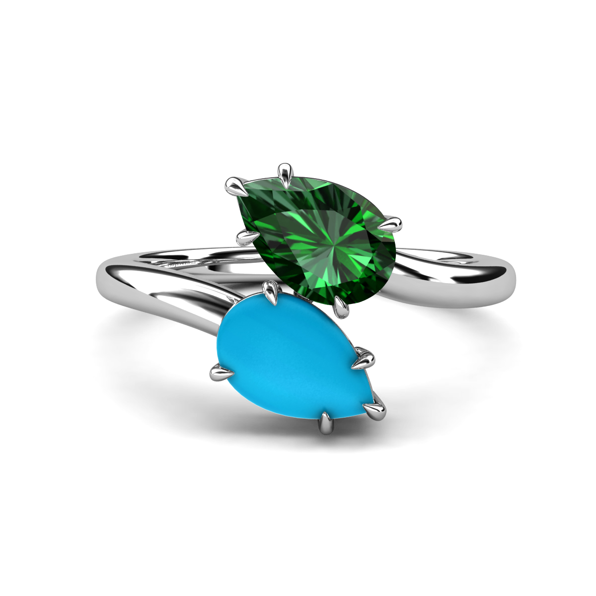 Amoura 1.45 ctw Pear Shape Created Emerald & Pear Shape Turquoise Women Toi Et Moi Engagement Ring 