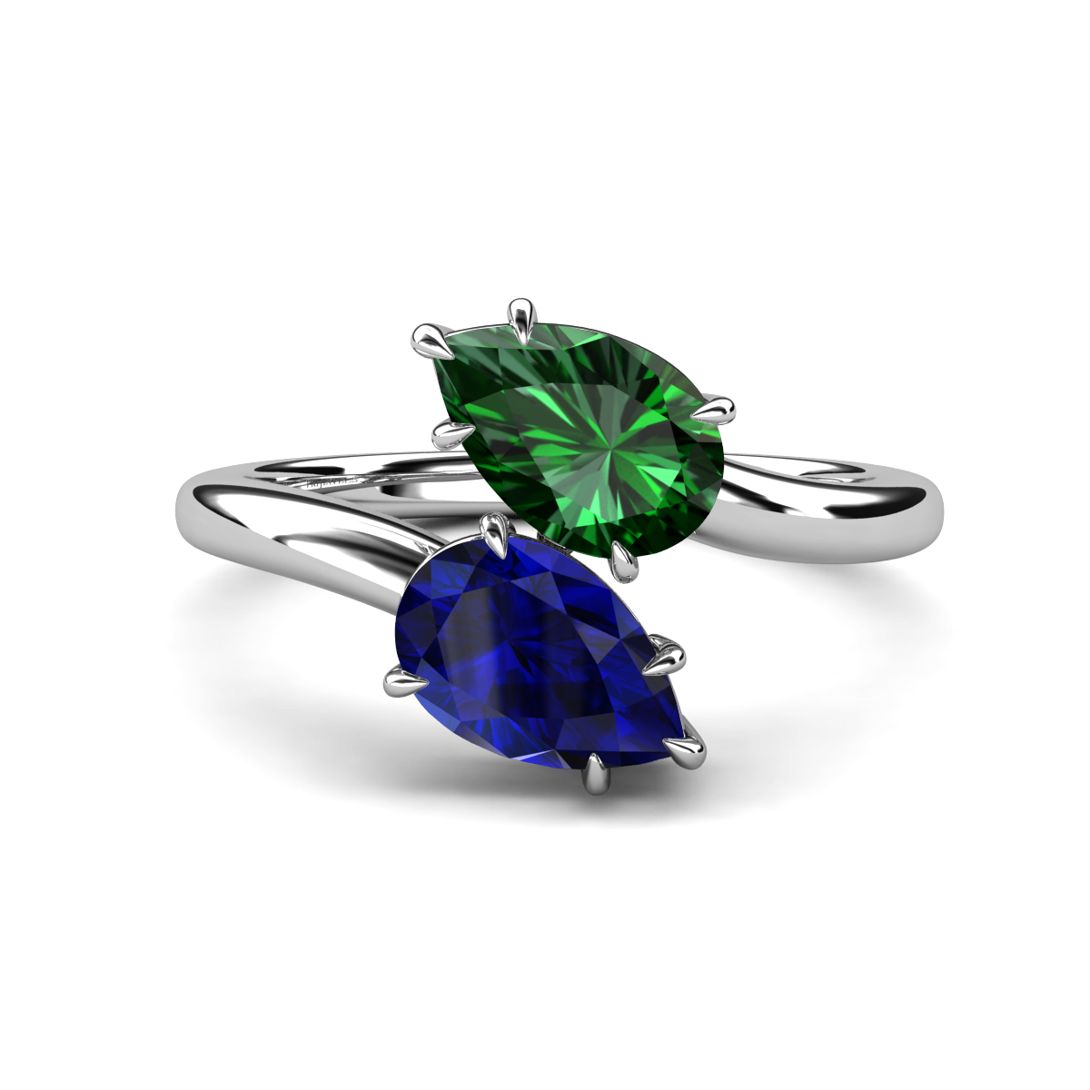 Amoura 2.47 ctw Pear Shape Created Emerald & Pear Shape Created Blue Sapphire Women Toi Et Moi Engagement Ring 