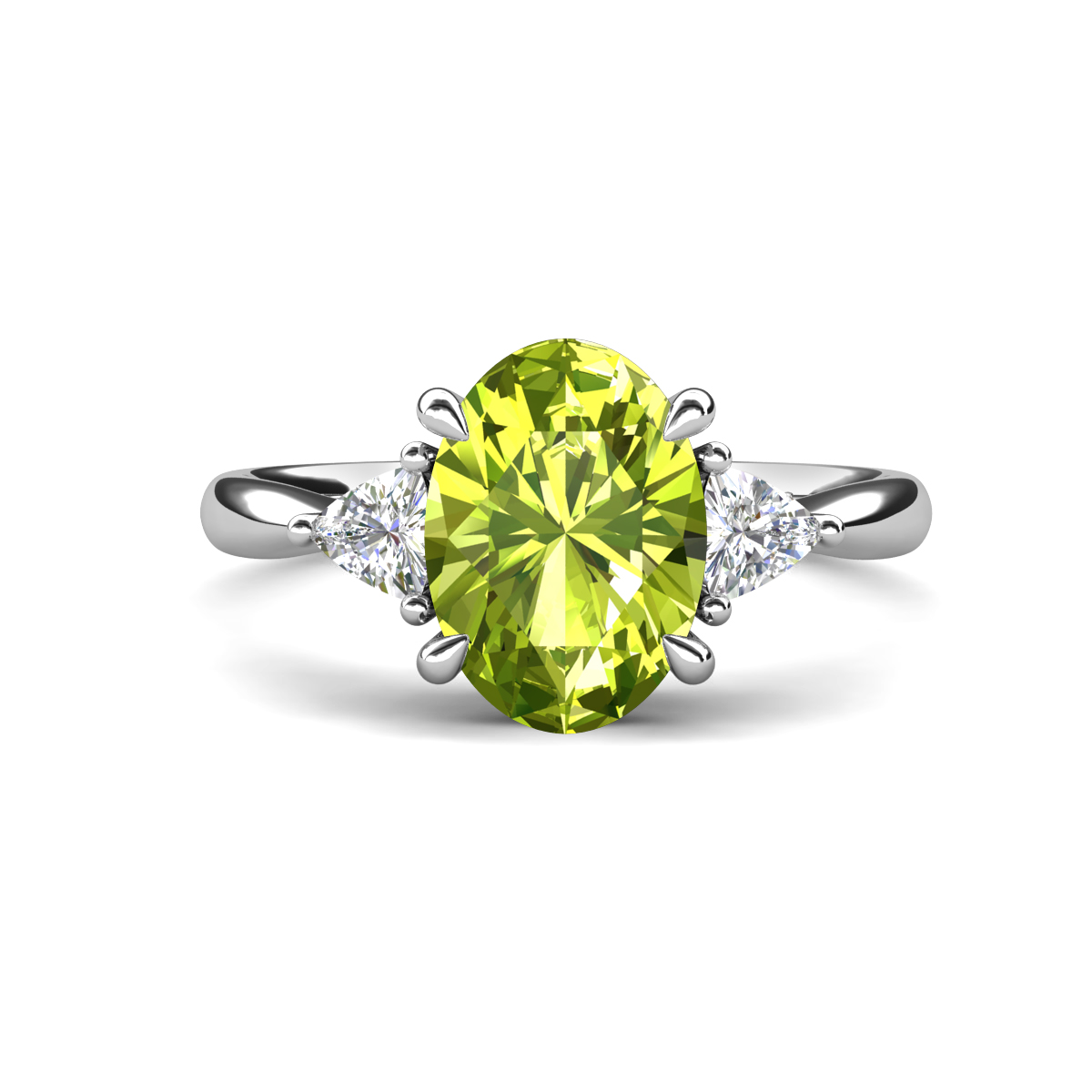 Evelyn 2.30 ctw Oval Shape Peridot accented Lab Grown Diamond Women Three Stone Engagement Ring 