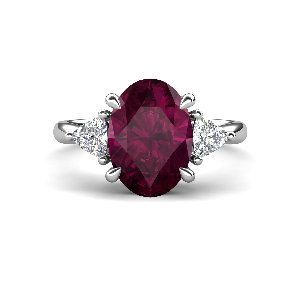 Evelyn 3.75 ctw Oval Shape Rhodolite Garnet accented Lab Grown Diamond Women Three Stone Engagement Ring 