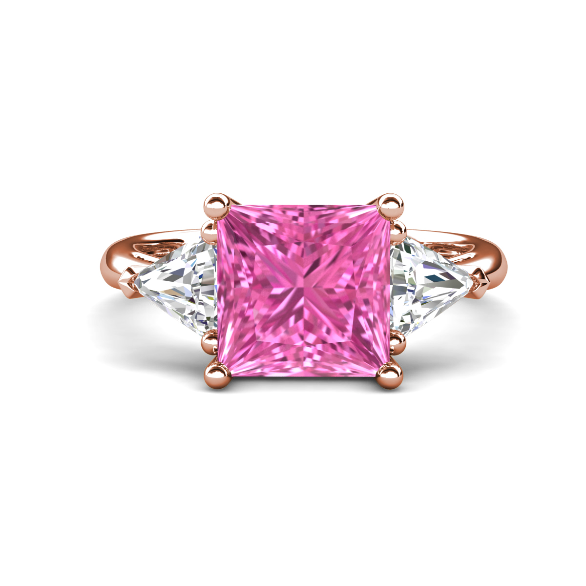 Evelyn 5.22 ctw Princess Shape Created Pink Sapphire accented Lab Grown Diamond Women Three Stone Engagement Ring 