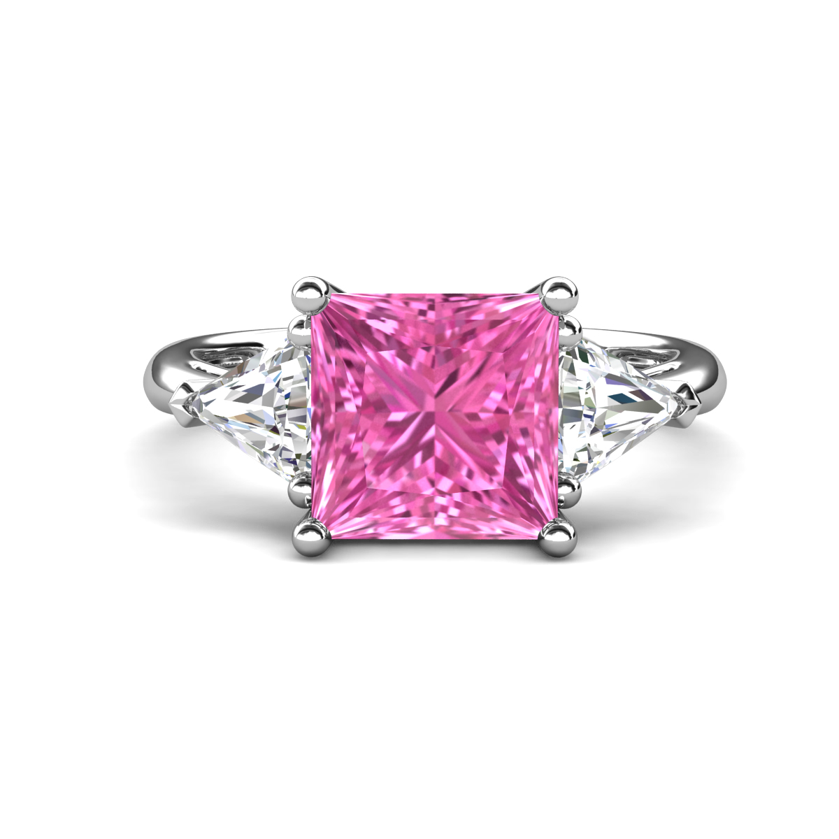 Evelyn 4.14 ctw Princess Shape Created Pink Sapphire accented Lab Grown Diamond Women Three Stone Engagement Ring 