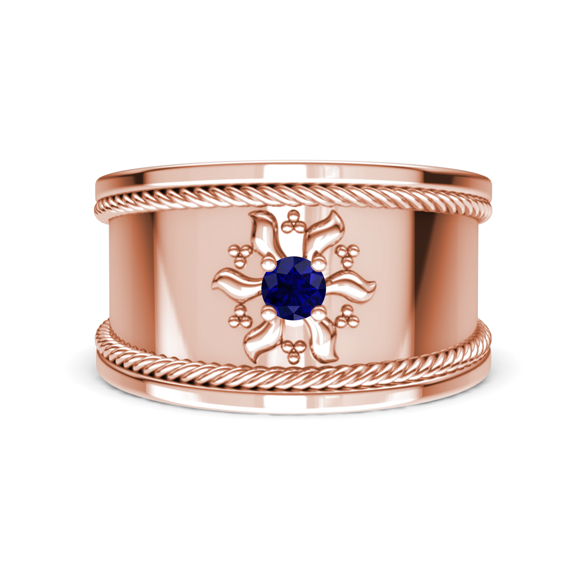 Kiran Sunburst Engraved Natural Blue Sapphire Cocktail Ring 