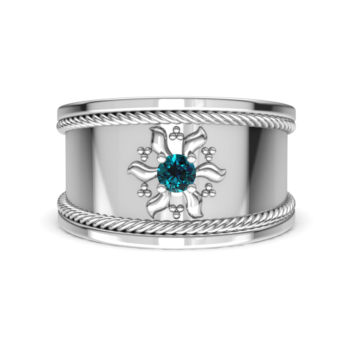 Kiran Sunburst Engraved Blue Diamond Cocktail Ring 