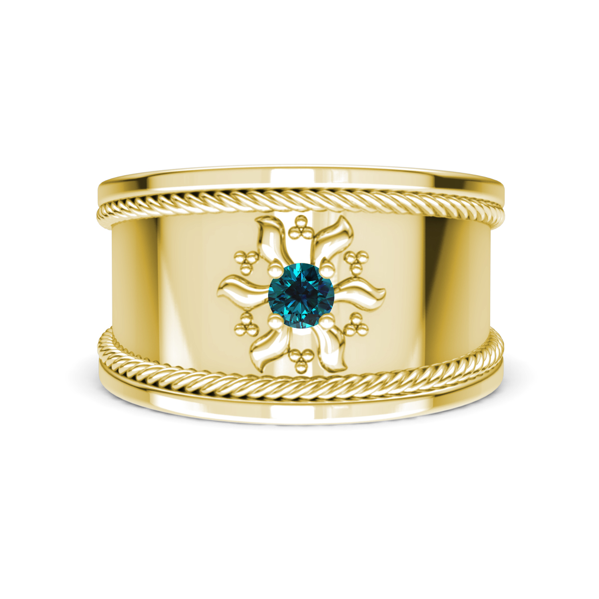 Kiran Sunburst Engraved Blue Diamond Cocktail Ring 