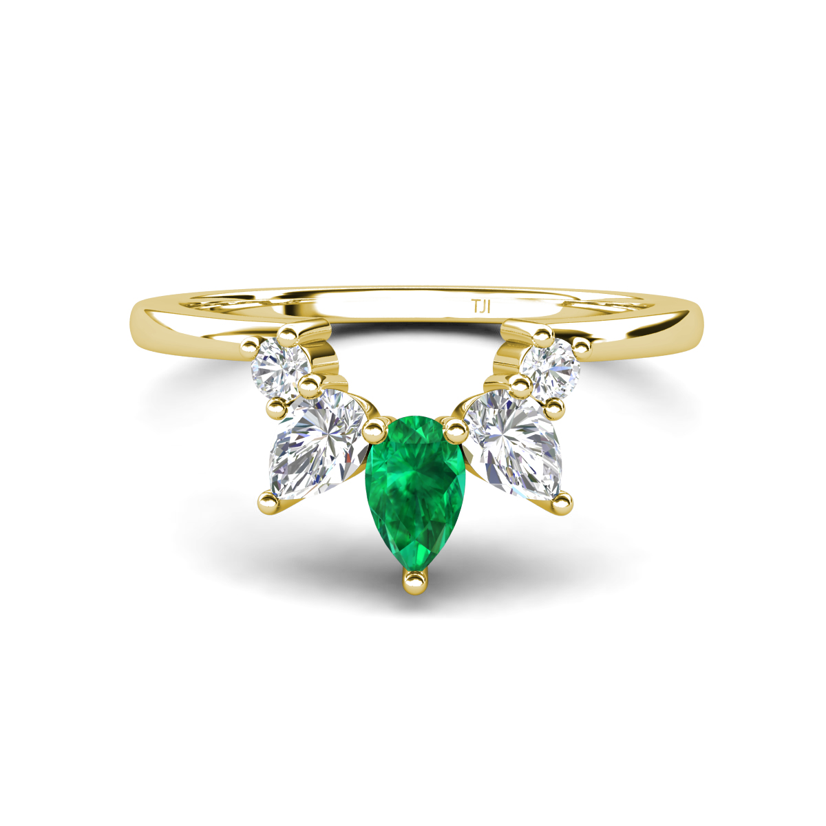 Amina 0.53 ctw Pear Shape Emerald Accented Lab Grown Diamonds Curved Wedding Band 