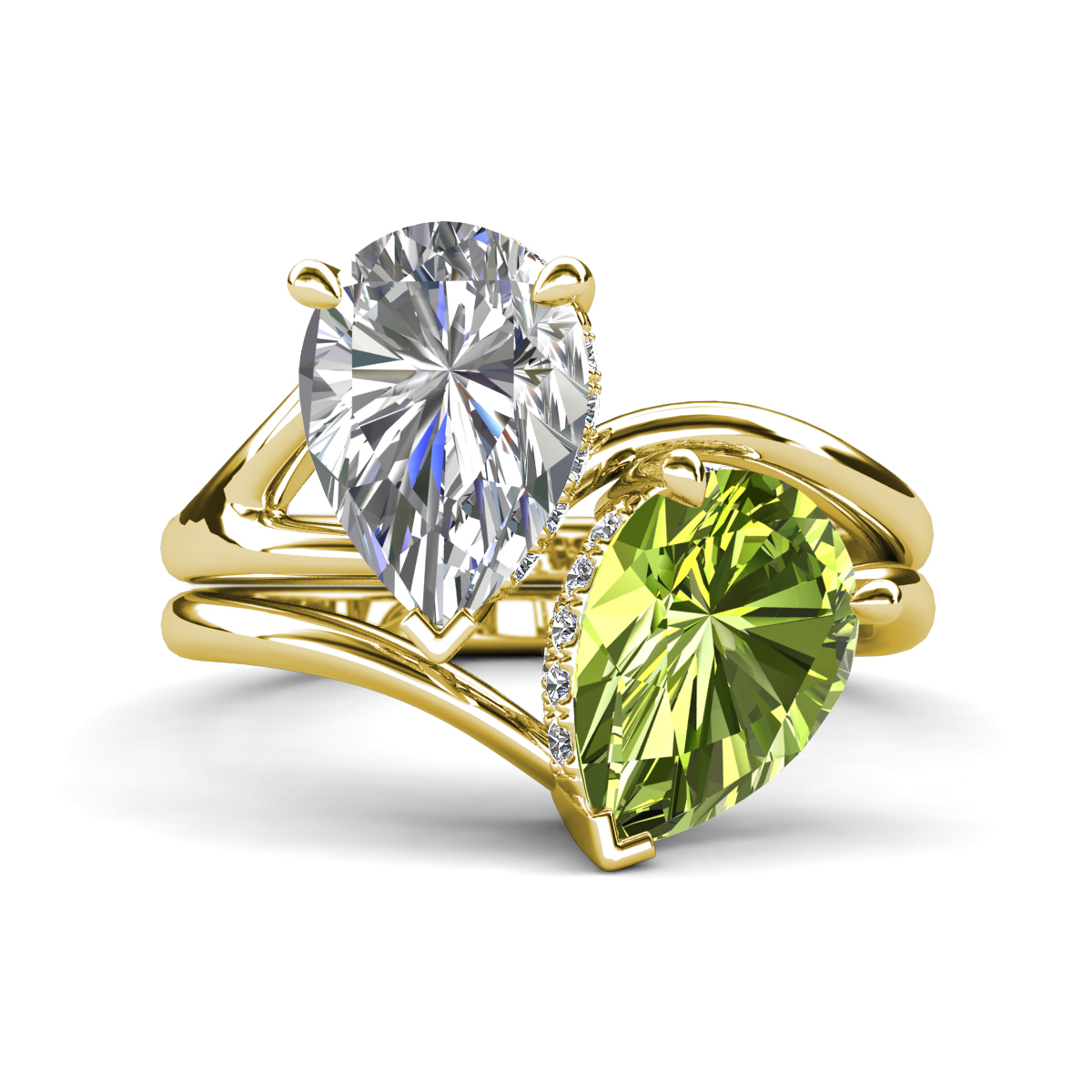 Hollie 4.66 ctw IGI Certified Pear Shape Lab Grown Diamond & Pear Shape Peridot Women 2 Stone Hidden Halo Engagement Ring 